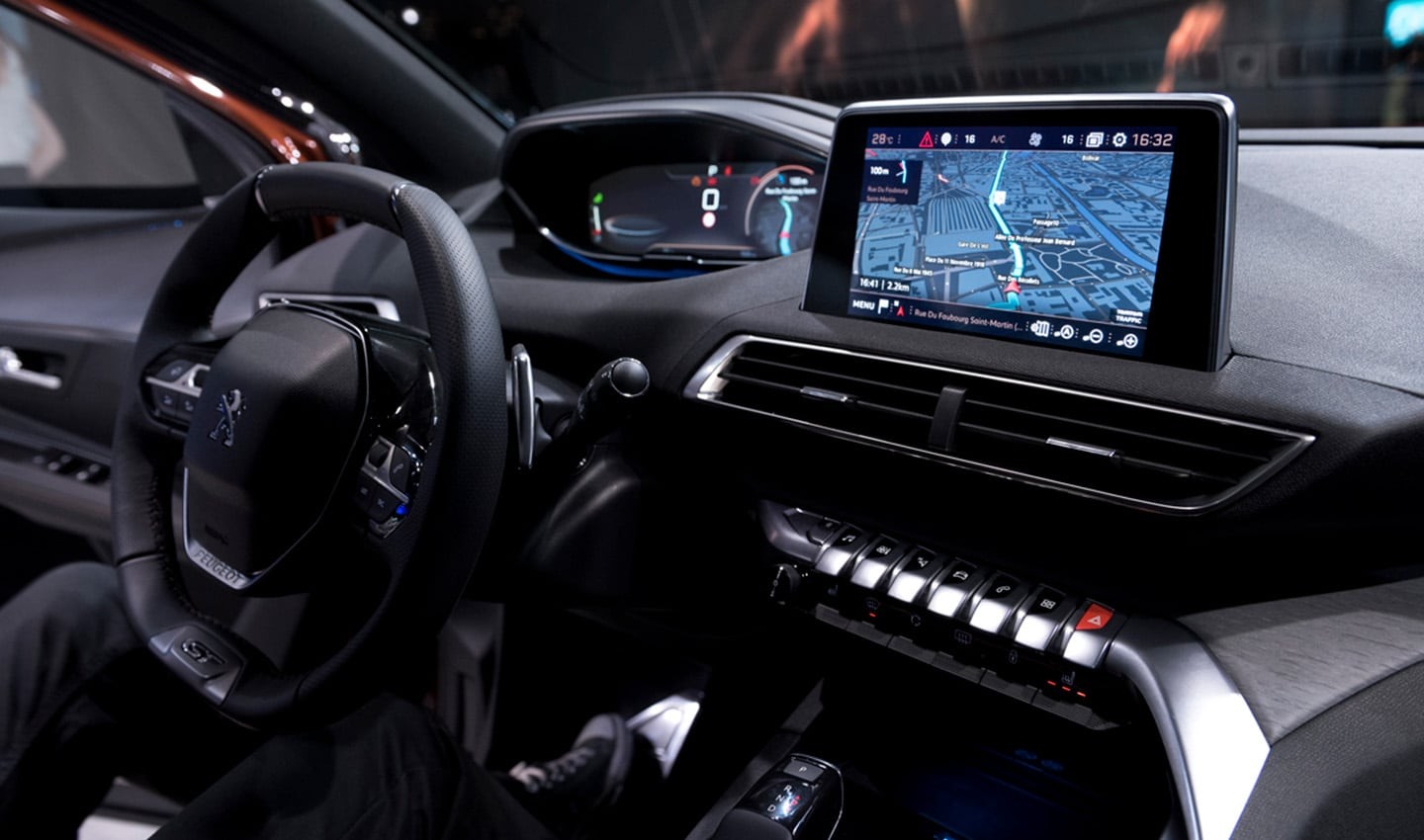 The infotainment system in new Peugeots features a cluster screen and central screen.