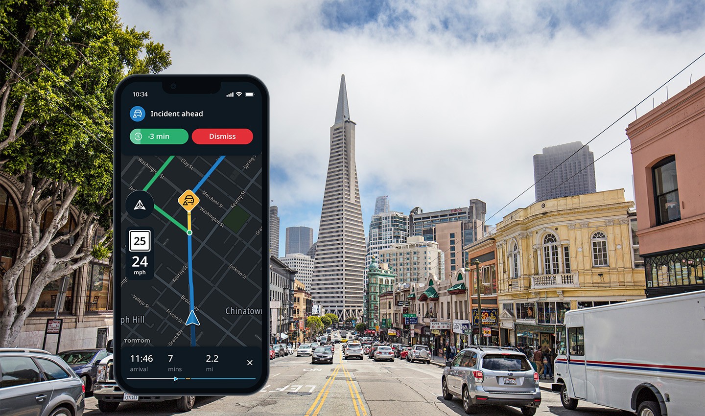 Picture of a navigation app over city landscape