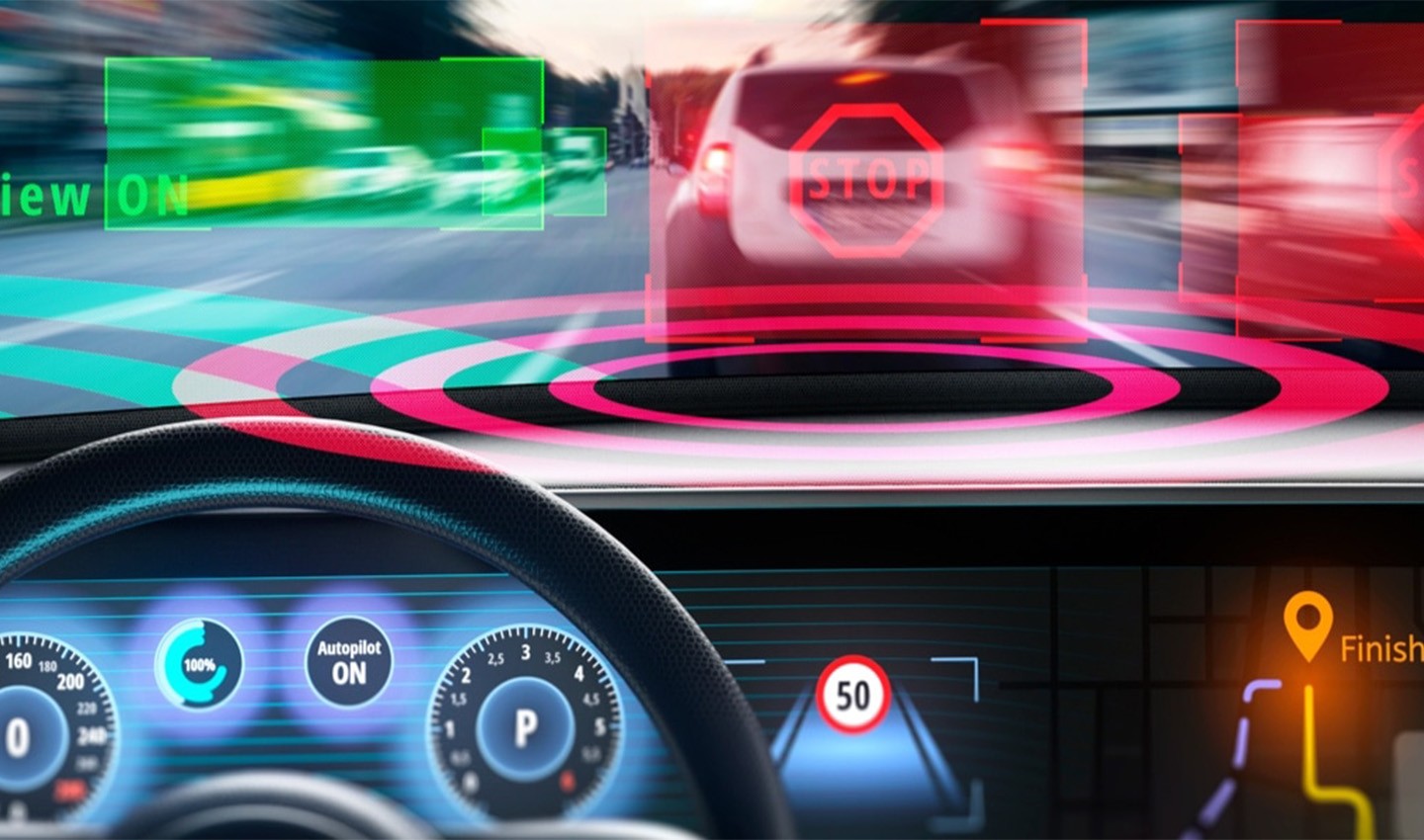 In-vehicle dashboard with ADAS alerts and driver assistance warnings