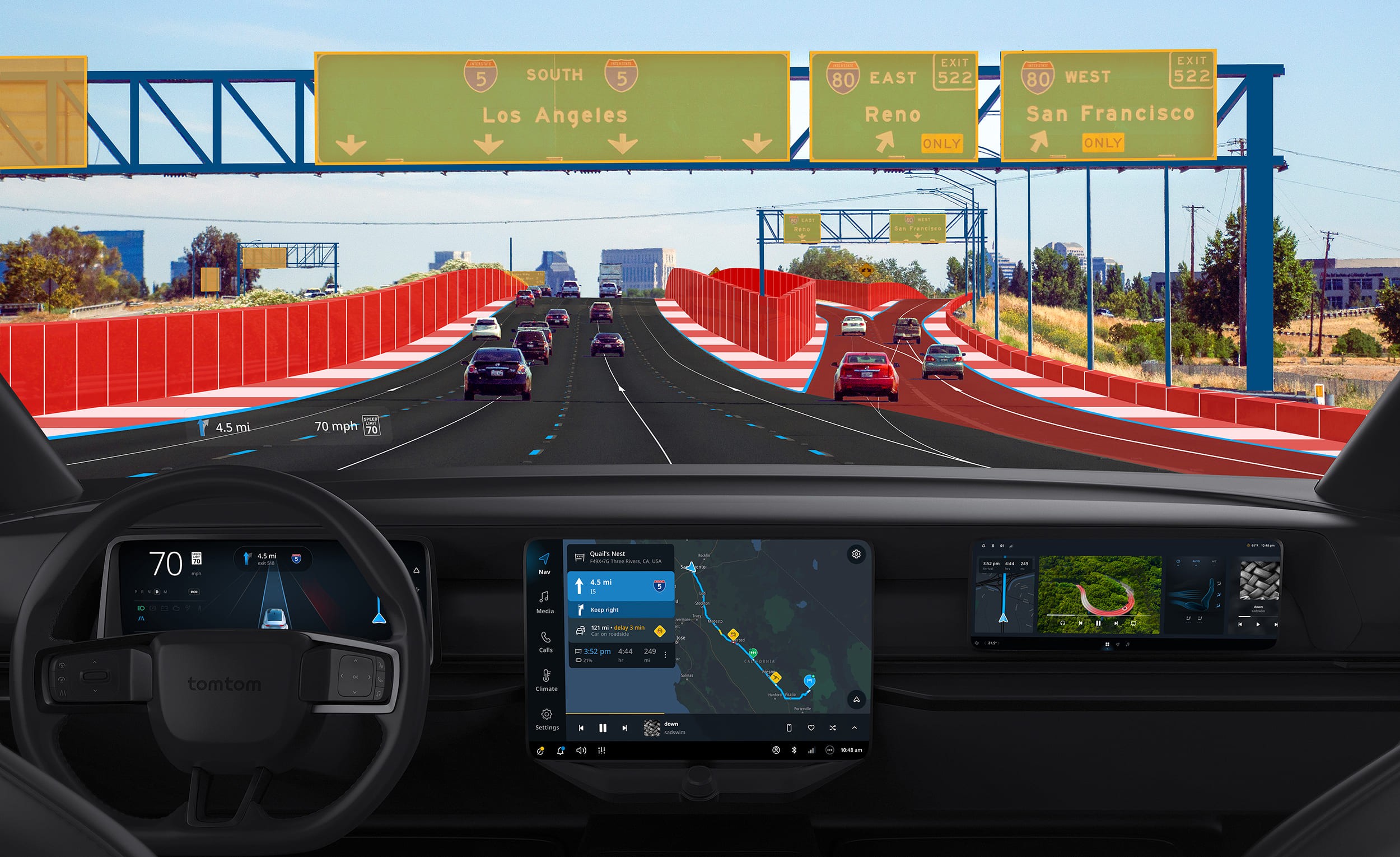 A picture of TomTom's Digital Cockpit in action on a virtual road.