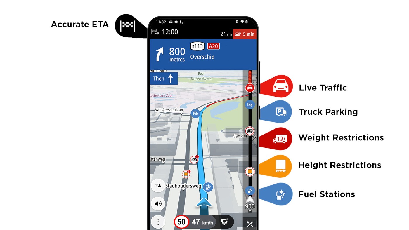 A smartphone overview of TomTom GO Nav for trucking key features