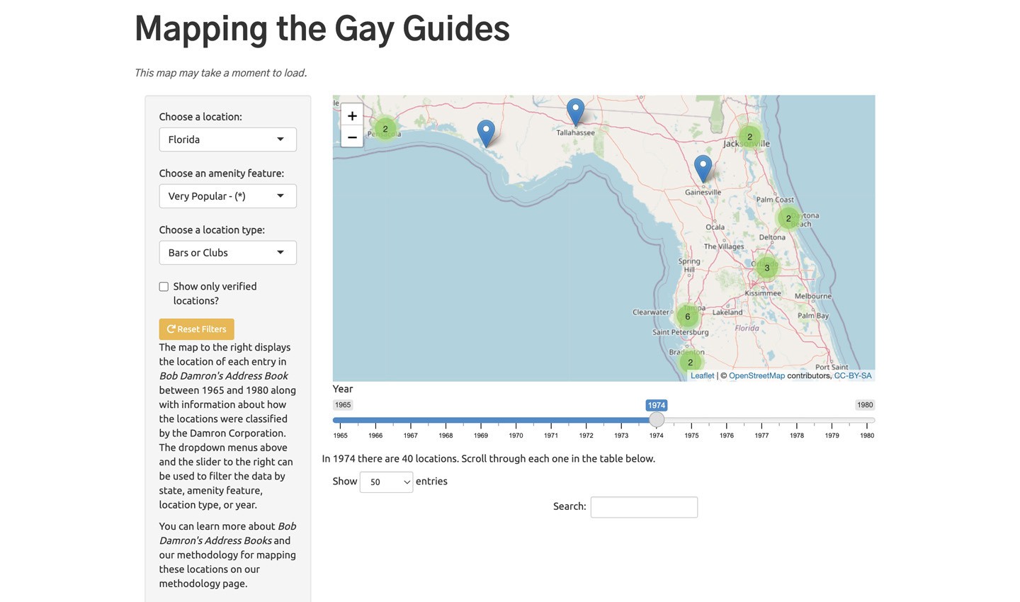 A screenshot of popular spots in 1974 Florida on the 'Mapping the Gay Guides' map