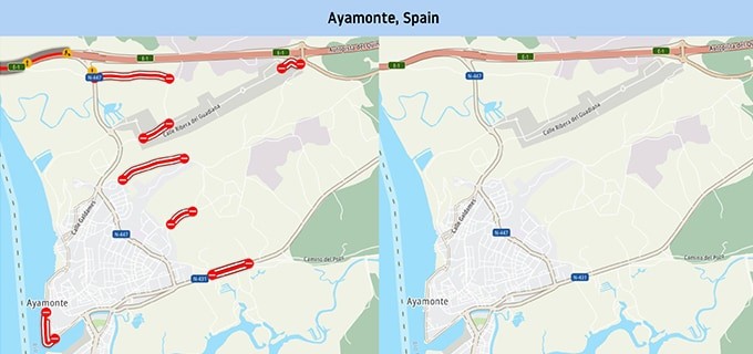 The city of Ayamonte in Spain, before and after being blocked off completely except for one restricted access via E-1.