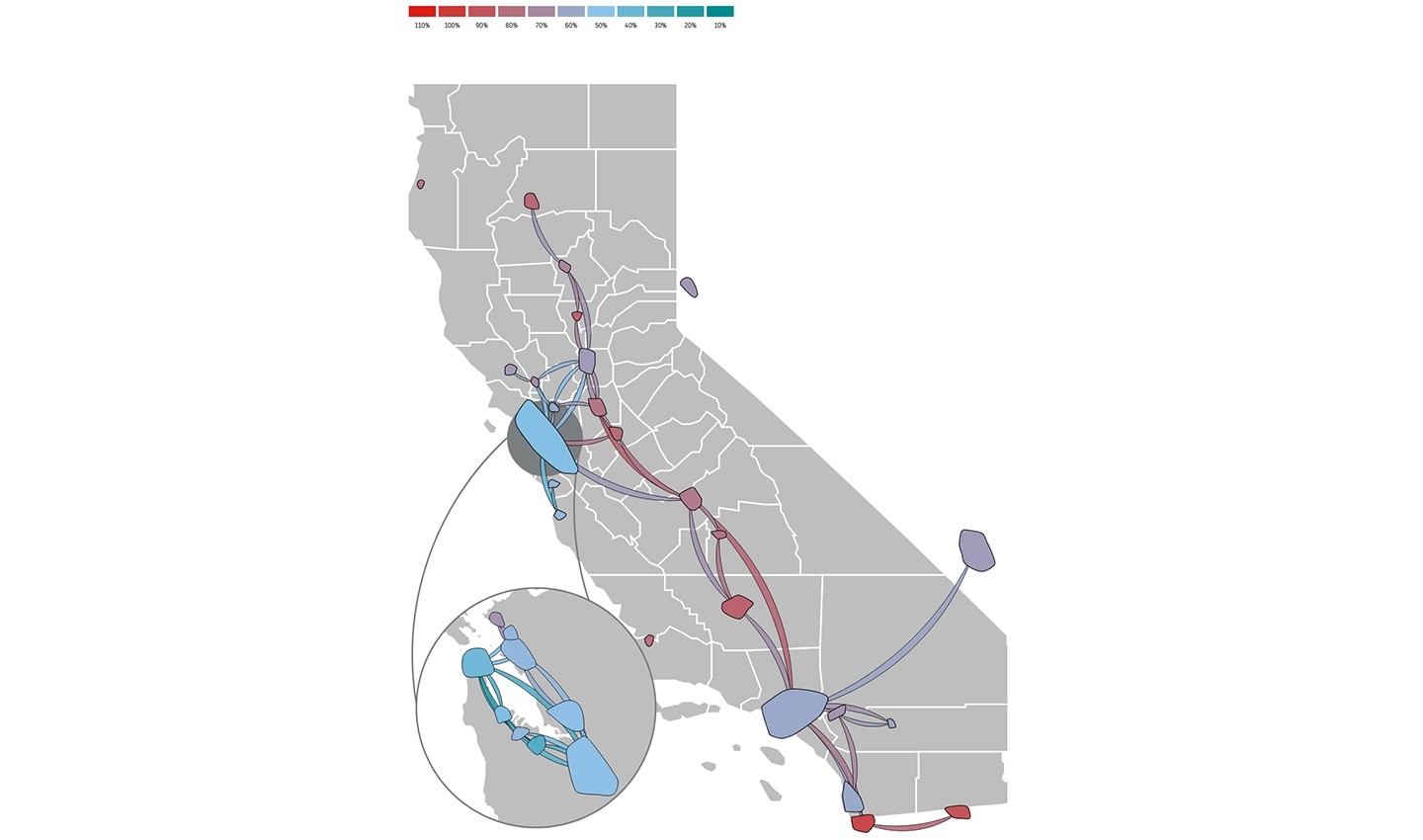 Remaining mobility in California between March 14, 2020 and March 20, 2020 as a percentage of January traffic.