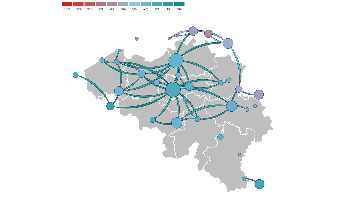 Remaining mobility in Belgium between April 4, 2020 and April 10, 2020 as a percentage of January traffic.