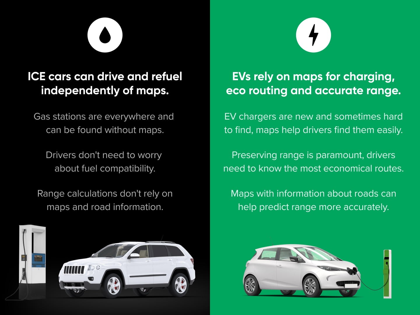 An illustration showing the differences between EV and combustion engine reliance on maps.