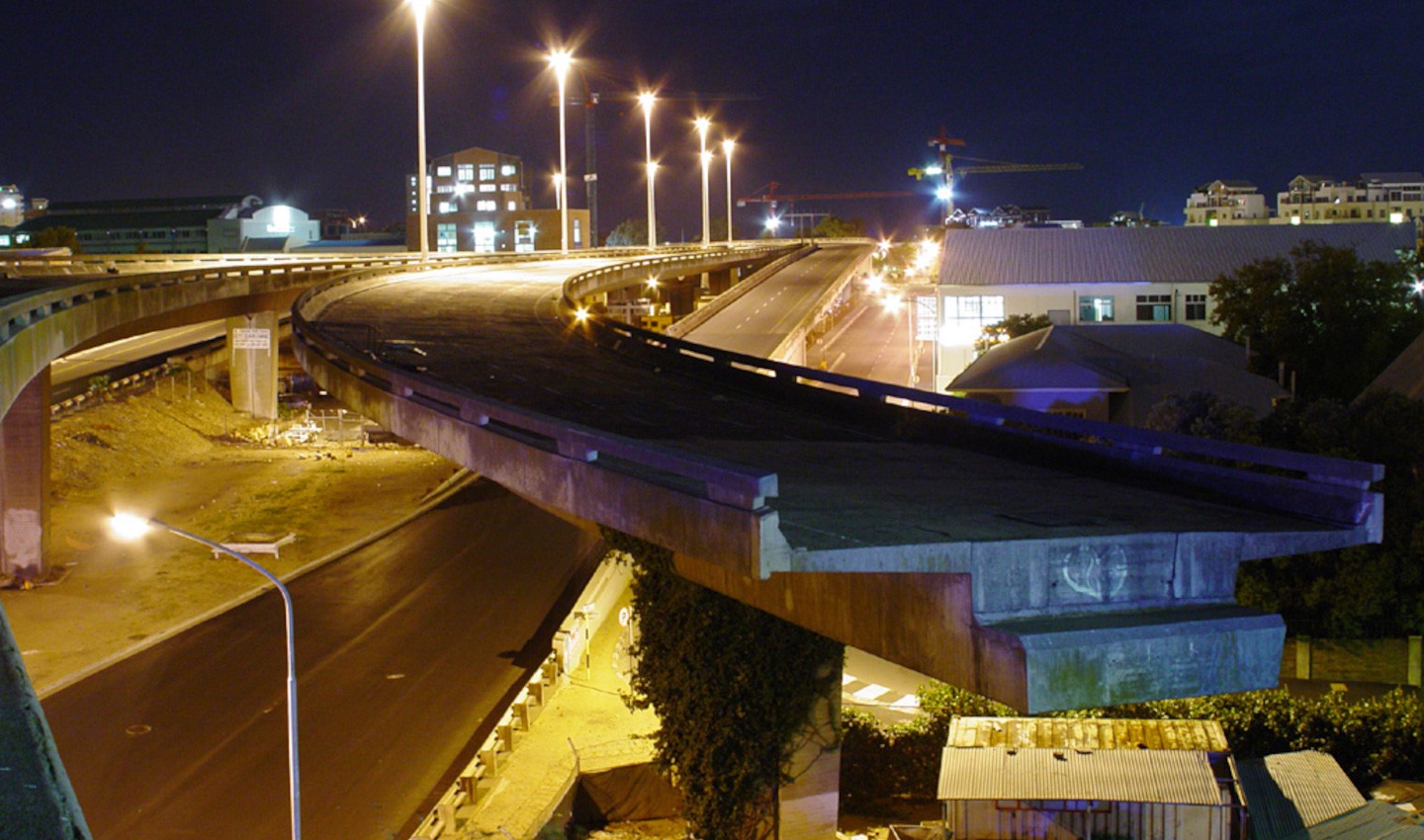 A picture of Foreshore Freeway Bridge, Cape Town, South Africa, at night.