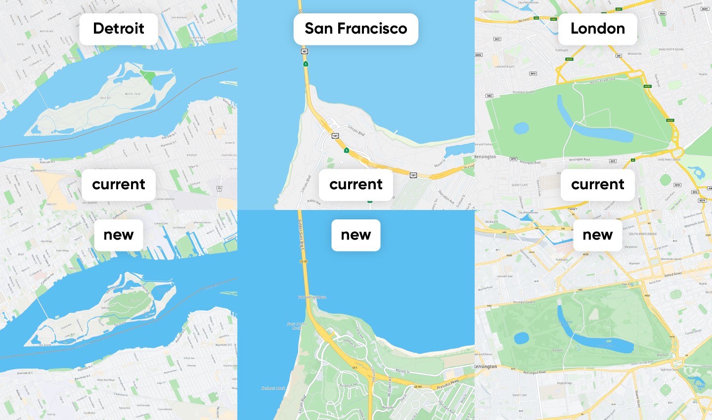 The images above show comparisons between TomTom’s current map and the map generated by the new TomTom Orbis Maps.