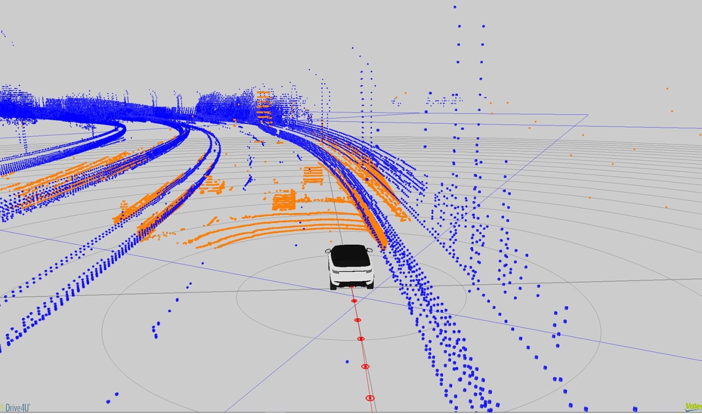 Valeo sensor data (orange) combined with TomTom HD Map and RoadDNA data (blue) gives centimeter-accurate positioning (red)