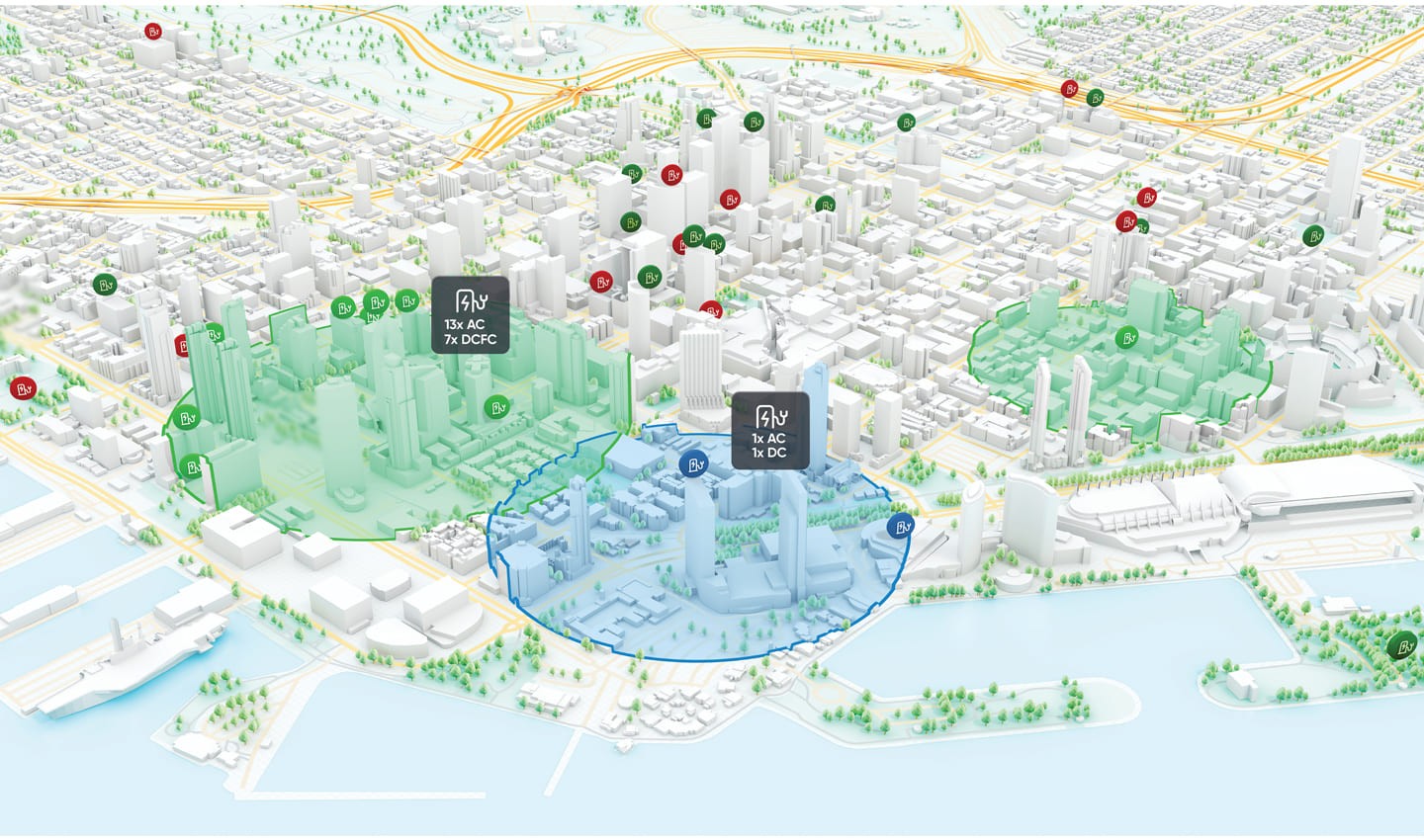 A map showing downtown in a city and the collection of EV chargers on show