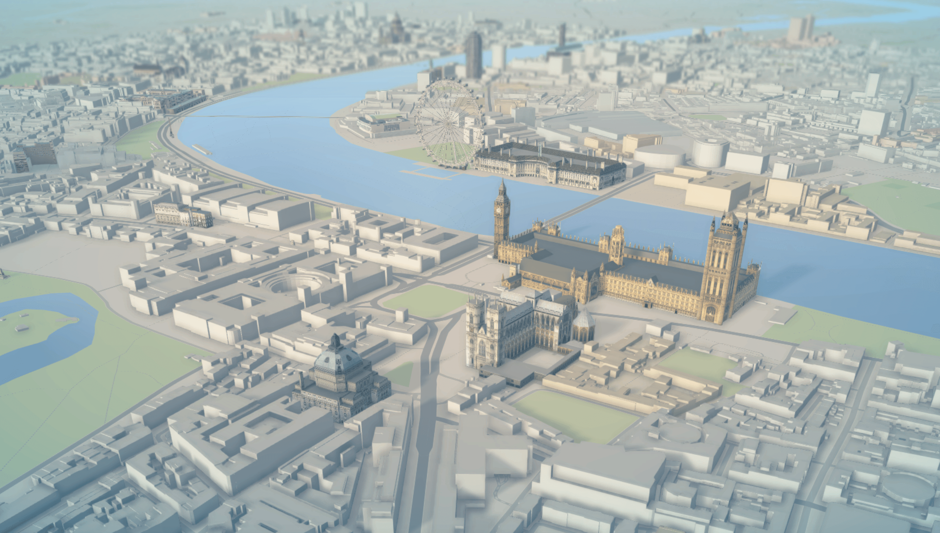 A highliy detailed birds-eye view of London in TomTom Orbis Maps.